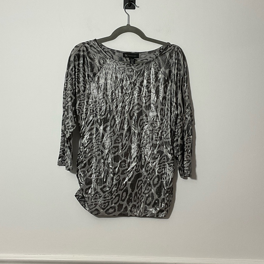 INC International Concepts Metallic Gray Leopard Blouse